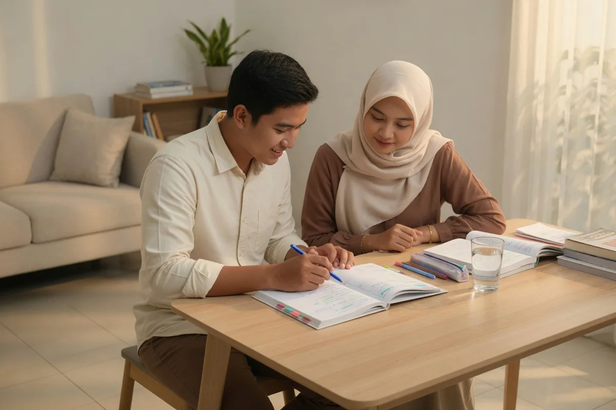 Tutor Exademy melatih satu peserta bimbel CPNS SKD Tangerang mengatur waktu pengerjaan 110 soal TWK TIU TKP pada simulasi CAT BKN bertimer 100 menit di laptop