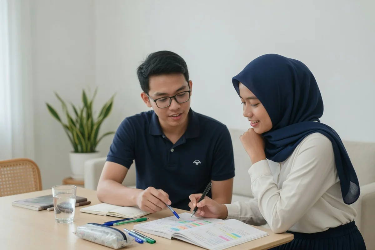 Tutor membimbing mahasiswa berlatih menulis esai IELTS Writing Task 1 dengan headphone Listening, kartu Speaking, dan referensi band score 0 sampai 9 di meja belajar persiapan ujian IELTS Exademy.