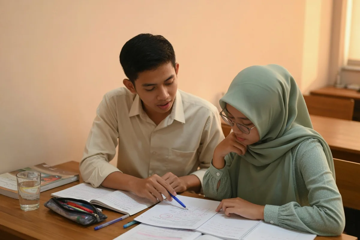 Tutor Exademy mendampingi mahasiswa Depok berlatih esai IELTS Writing dengan headphone Listening, kartu cue Speaking, dan peta band 0 sampai 9 di meja belajar dekat kawasan kampus Margonda.