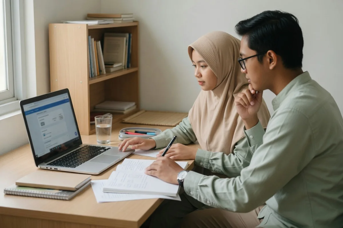 Tutor Exademy menyusun jadwal latihan IELTS harian bersama peserta di Medan, lengkap dengan timer latihan Reading, lembar esai Writing, dan headphone Listening di meja belajar.