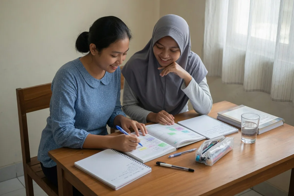 Tutor Exademy mendampingi peserta bimbel IELTS Semarang berlatih Writing Task 2 dengan headphone Listening dan lembar band descriptor di meja belajar