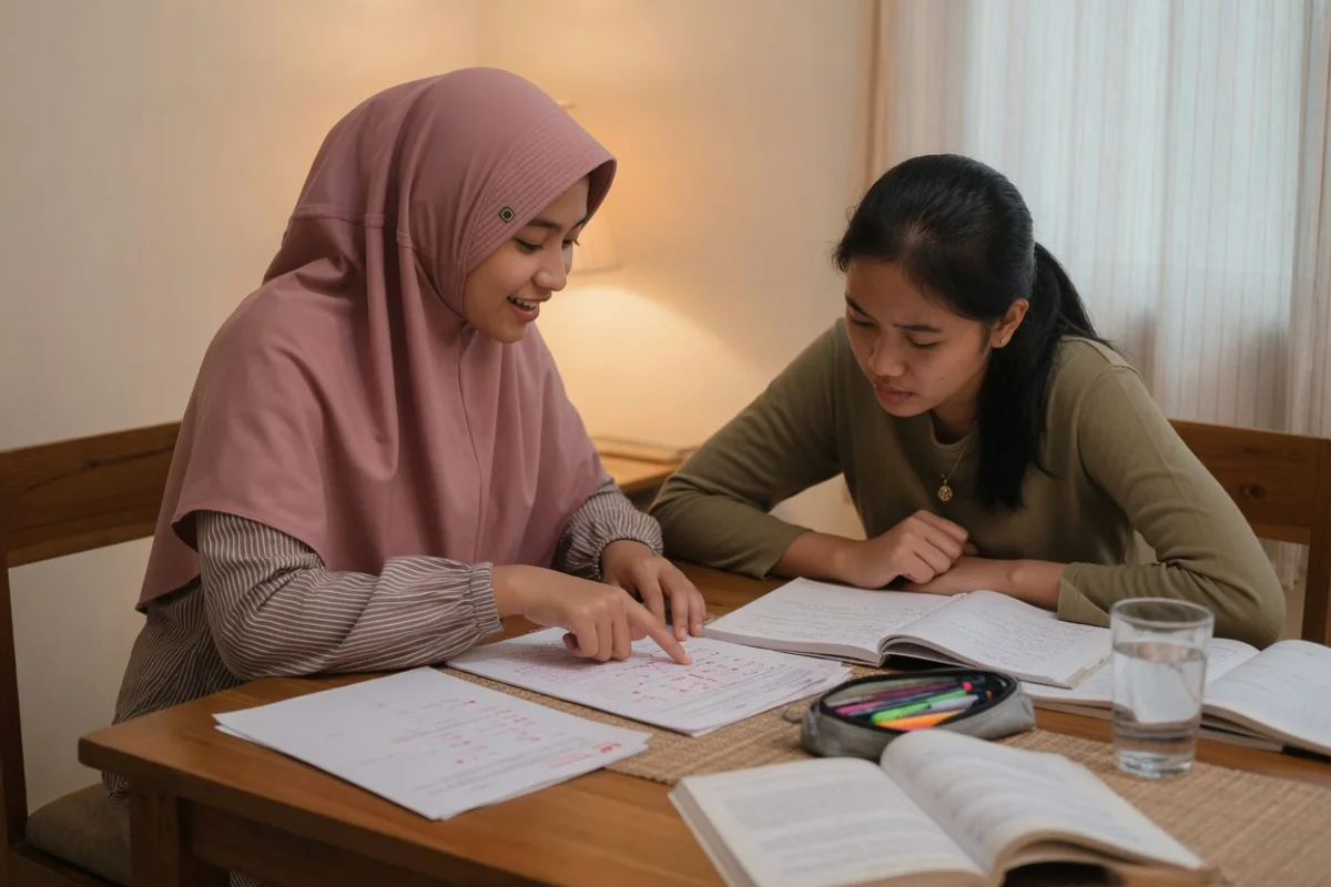 Tutor membimbing mahasiswa berlatih menulis esai IELTS Writing Task 1 dengan headphone Listening, kartu Speaking, dan referensi band score 0 sampai 9 di meja belajar persiapan ujian IELTS Exademy.