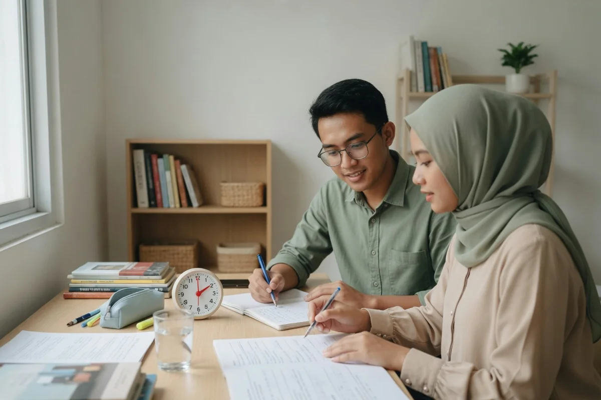 Tutor Exademy mendampingi peserta bimbel IELTS Tangerang berlatih Writing dengan headphone Listening, lembar jadwal latihan, dan panduan band 0 sampai 9 tertata di meja belajar.