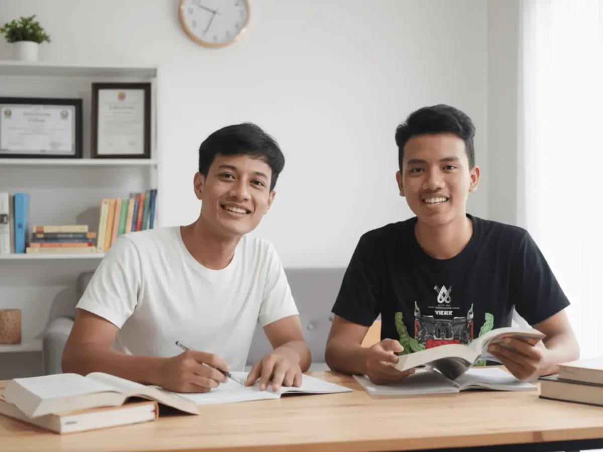 Bimbel UTBK SNBT Exademy, sesi diskusi materi dengan buku terbuka di ruang belajar