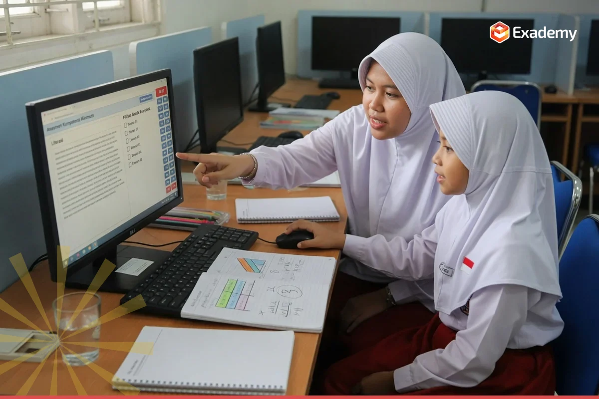 Tutor Exademy mendampingi satu siswa SMP berlatih soal literasi dan numerasi di layar komputer simulasi ANBK, persiapan AKM Asesmen Kompetensi Minimum di lab komputer sekolah