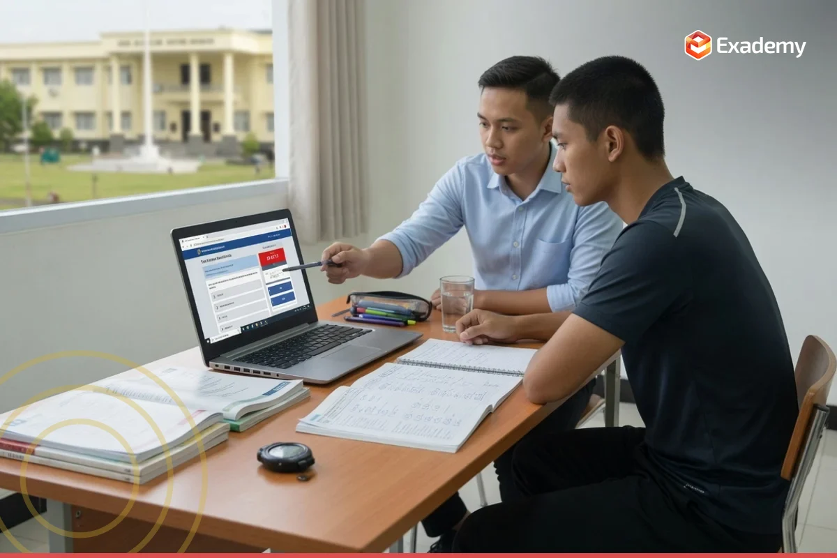 Tutor membimbing satu calon taruna lulusan SMA berlatih soal CAT TPA serta materi wawasan kebangsaan menjelang seleksi Akpol Polri di Exademy, dengan latar kampus Akademi Kepolisian Semarang