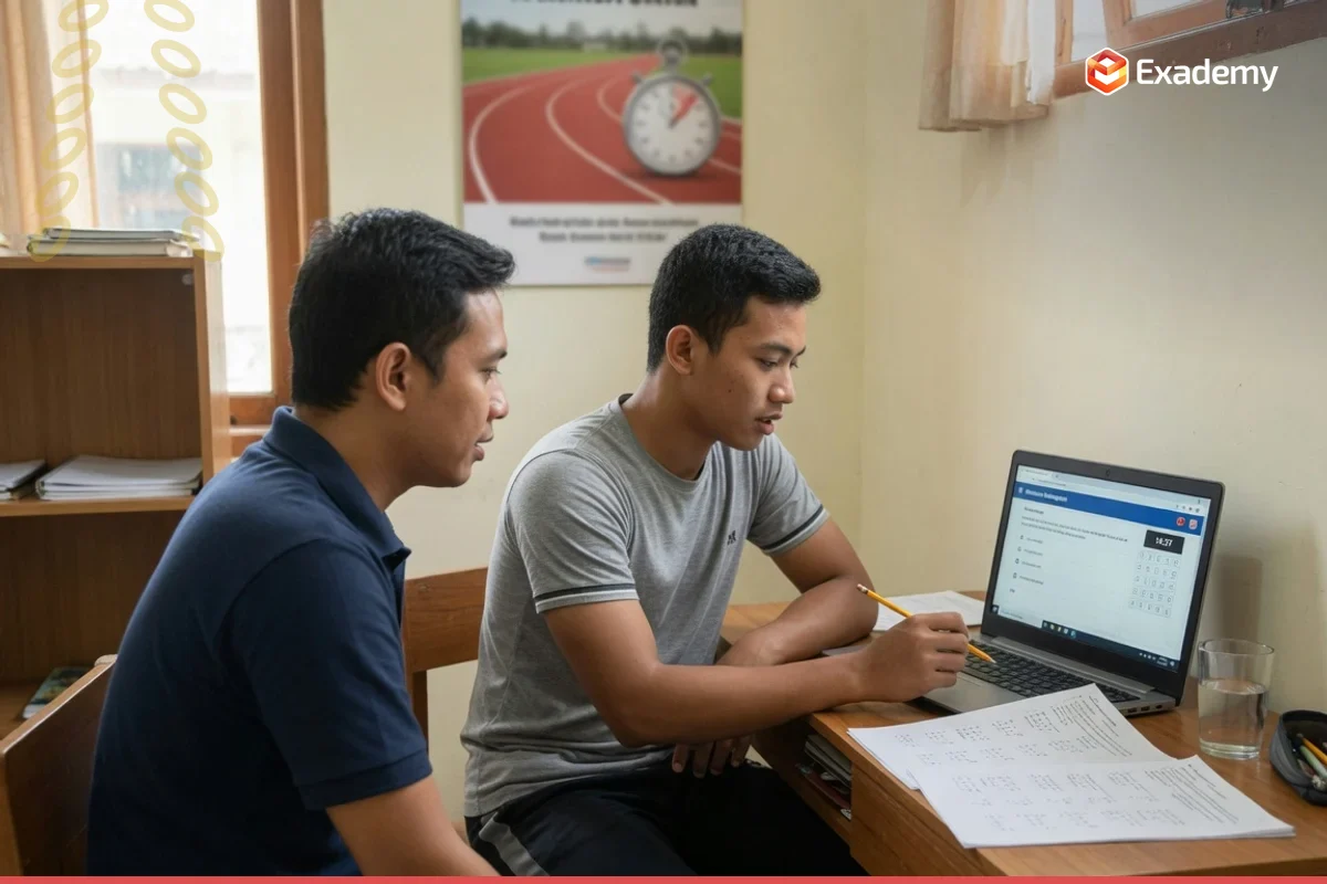 Tutor Exademy mendampingi satu calon peserta seleksi Bintara dan Tamtama TNI Polri berlatih simulasi tes akademik CAT dan soal wawasan kebangsaan sebagai bekal ujian masuk