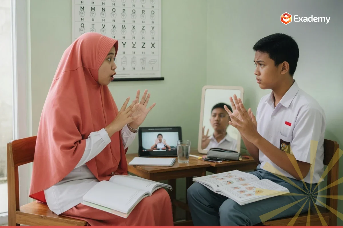 Tutor dan pelajar dewasa saling berhadapan memperagakan isyarat dua tangan dengan poster abjad jari BISINDO di kelas persiapan BISINDO (Bahasa Isyarat Indonesia) Exademy