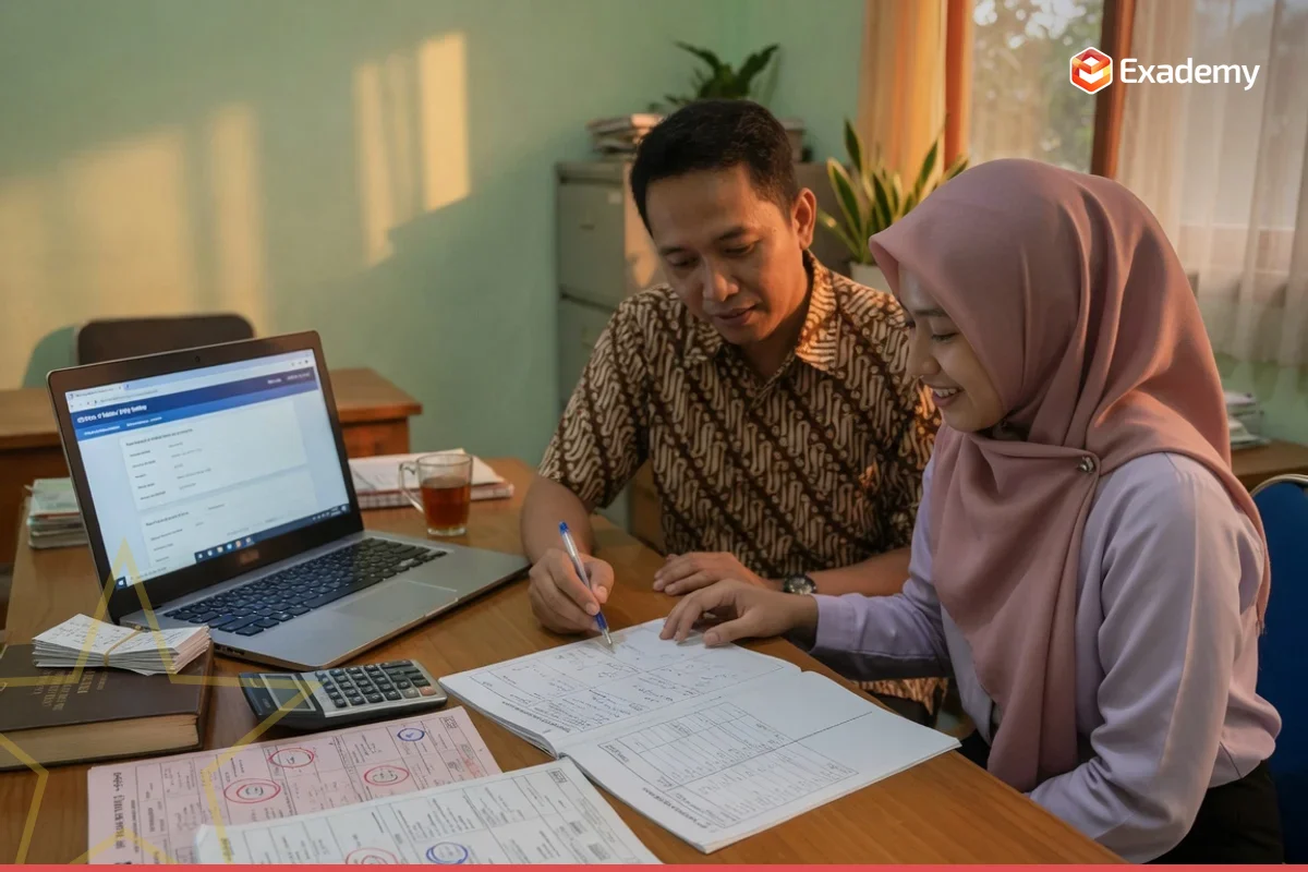Tutor pajak membimbing satu peserta dewasa menghitung PPh 21 dan mengisi SPT PPN e-Faktur dalam kelas persiapan Brevet Pajak A B C di Exademy