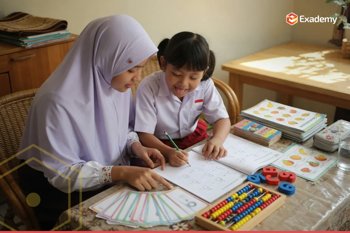 Foto tutor mendampingi anak SD awal berlatih membaca, menulis, dan berhitung dengan buku halus dan kartu suku kata pada program Calistung Exademy