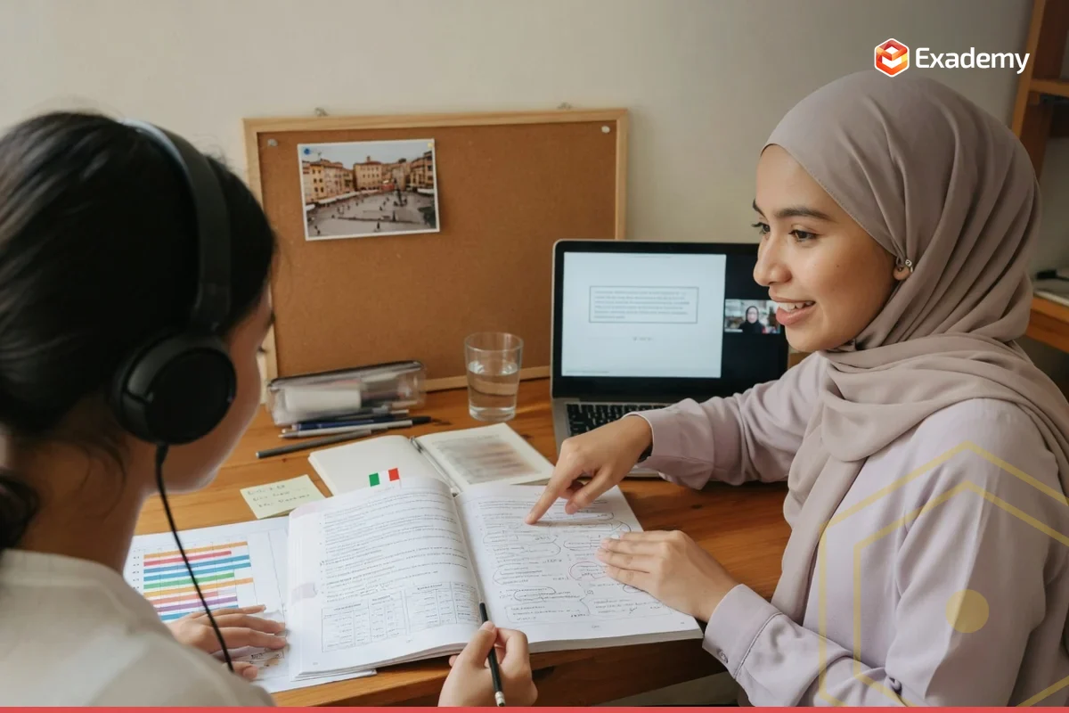 Tutor mendampingi mahasiswa berlatih listening dan tata bahasa Italia untuk persiapan ujian CILS CELI di Exademy