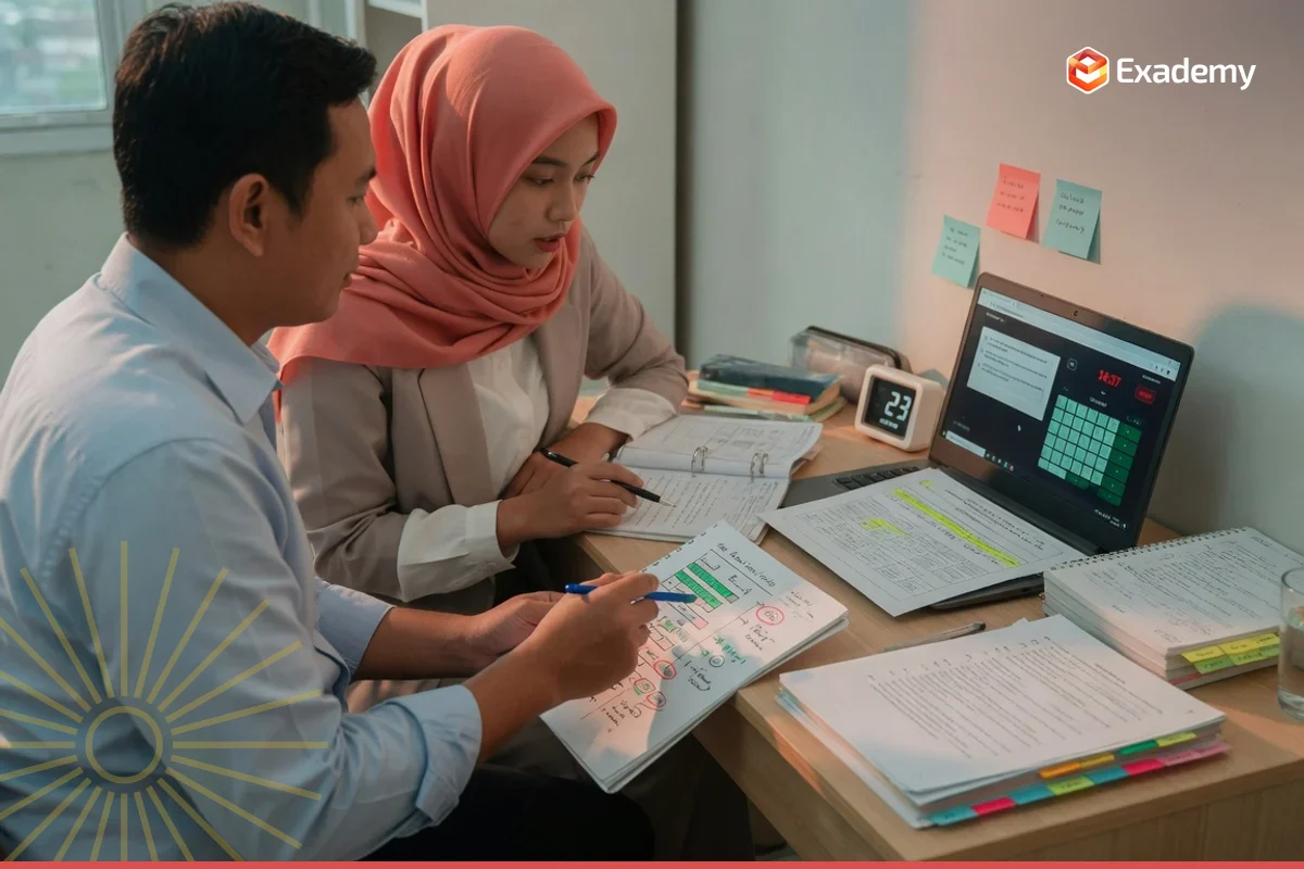 Tutor mendampingi satu pelajar dewasa fresh graduate berlatih soal CAT bidang sesuai formasi untuk persiapan ujian CPNS SKB di Exademy