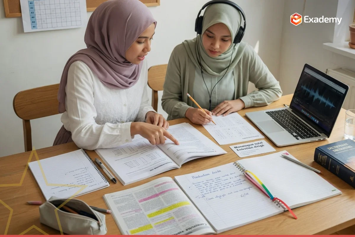 Tutor membimbing satu mahasiswa memakai headphone mengerjakan latihan compréhension orale dan keempat keterampilan persiapan ujian DELF DALF bahasa Prancis di Exademy