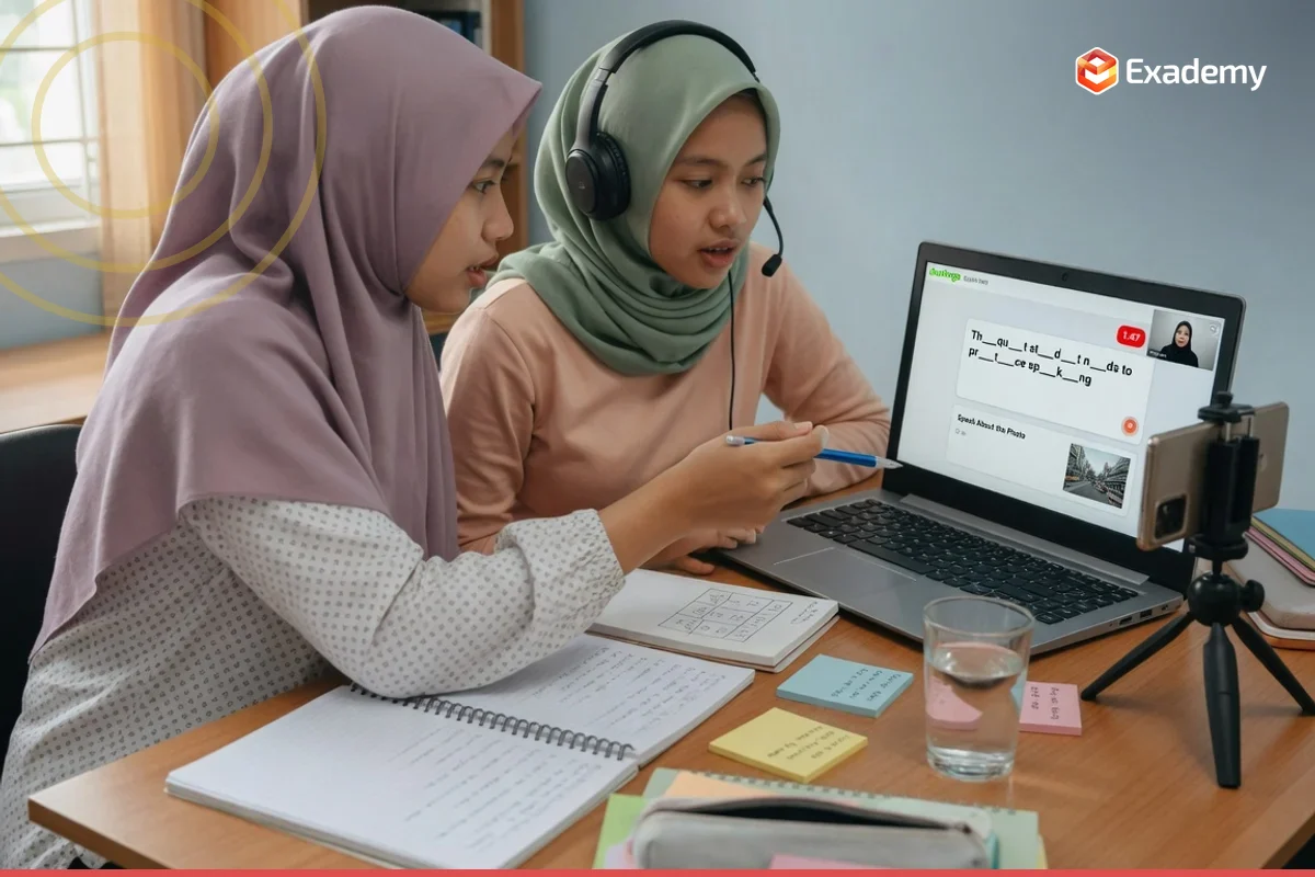 Tutor mendampingi mahasiswa berlatih soal Duolingo English Test di laptop dengan headset mikrofon dan kamera samping di Exademy