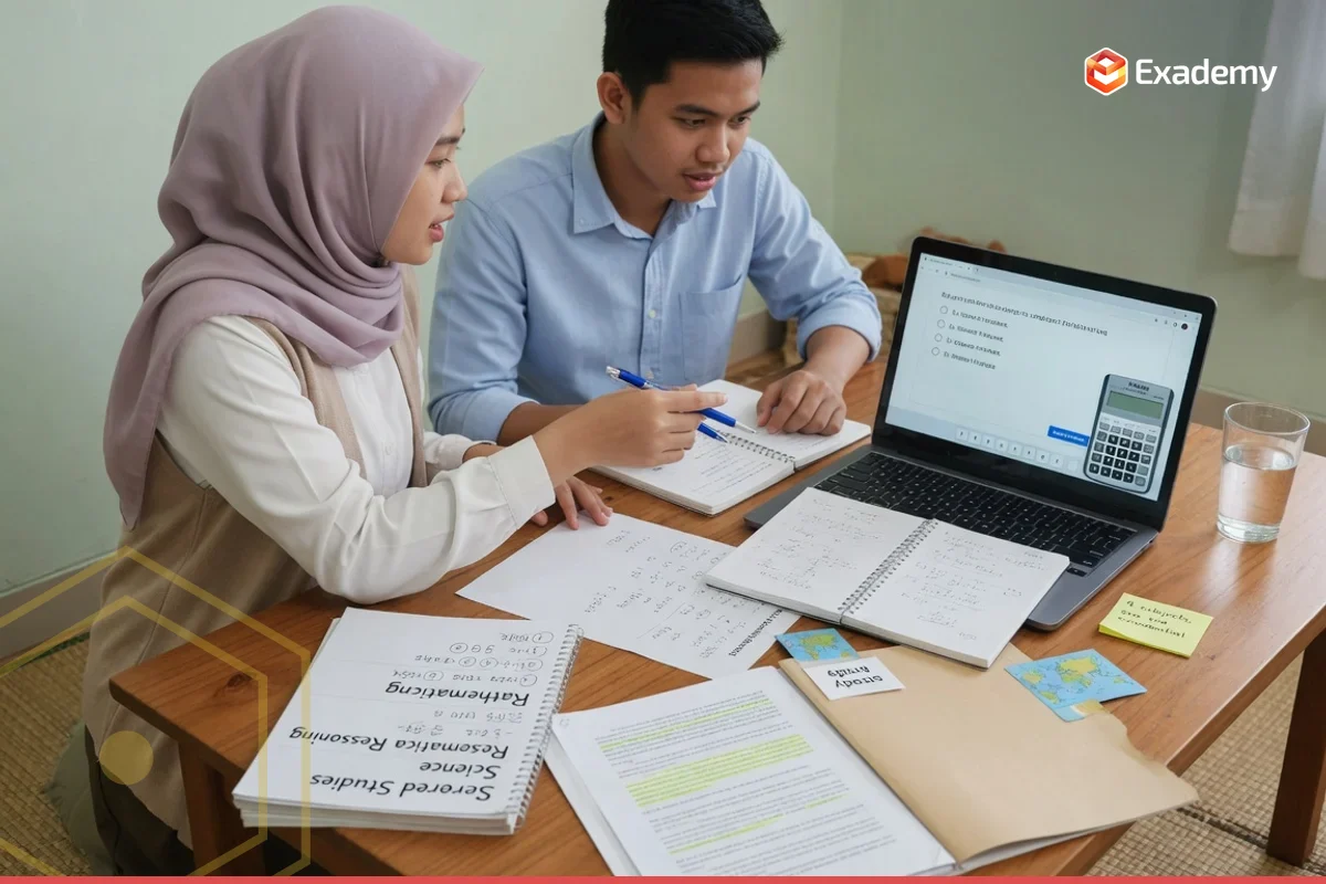 Foto tutor mendampingi satu mahasiswa muda berlatih soal computer-based test di laptop dengan kalkulator layar dan catatan empat materi RLA, Matematika, Sains, Sosial untuk persiapan ujian GED kesetaraan SMA internasional bersama Exademy.