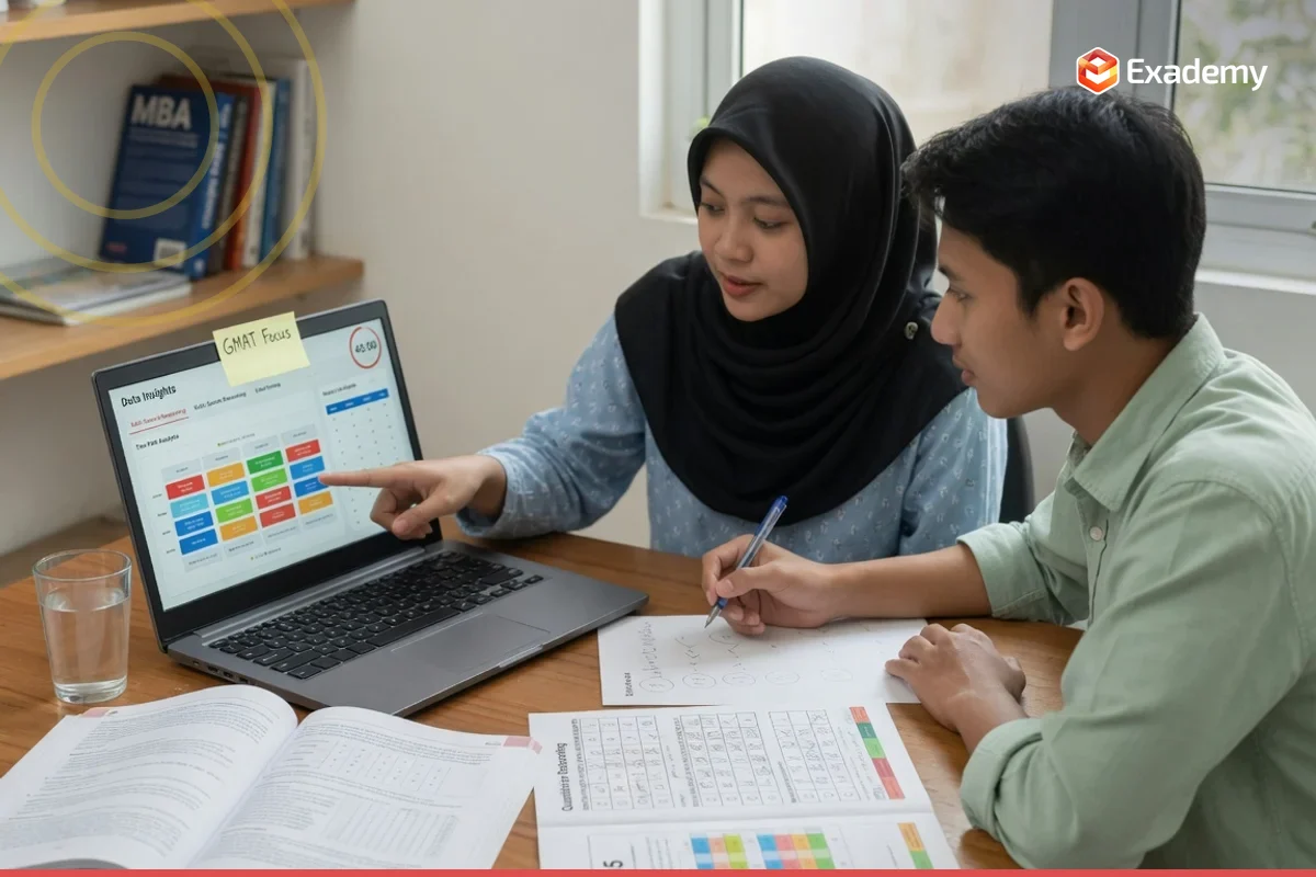 Tutor membimbing satu pelajar dewasa muda mengerjakan latihan adaptif Data Insights dan Critical Reasoning untuk persiapan ujian GMAT Focus Edition di Exademy.