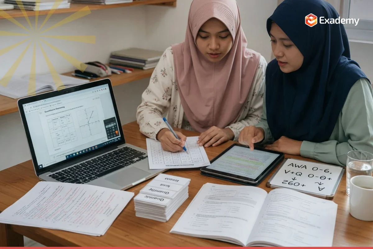Foto tutor mendampingi mahasiswa belajar persiapan tes GRE dengan latihan Verbal, Quantitative, dan Analytical Writing di Exademy