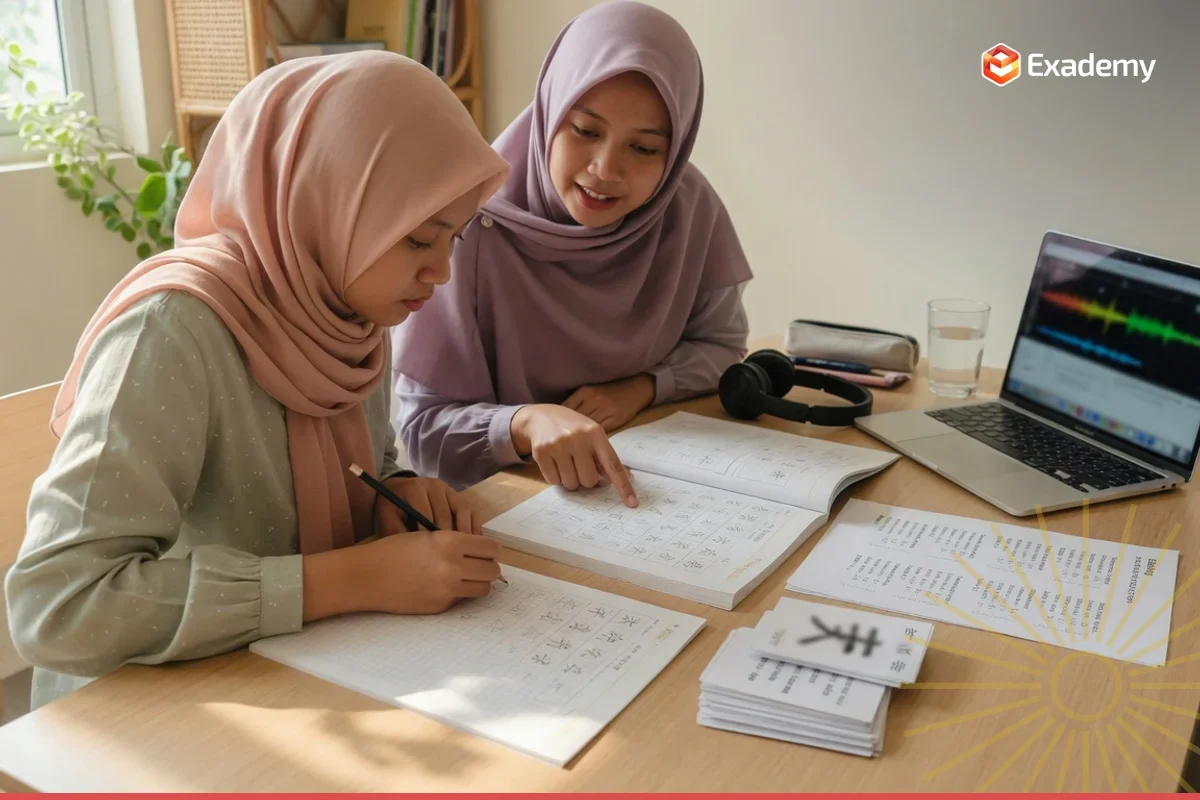 Tutor Mandarin membimbing satu mahasiswa menulis hanzi di kertas kotak sambil membuka buku HSK Standard Course untuk persiapan ujian HSK di Exademy