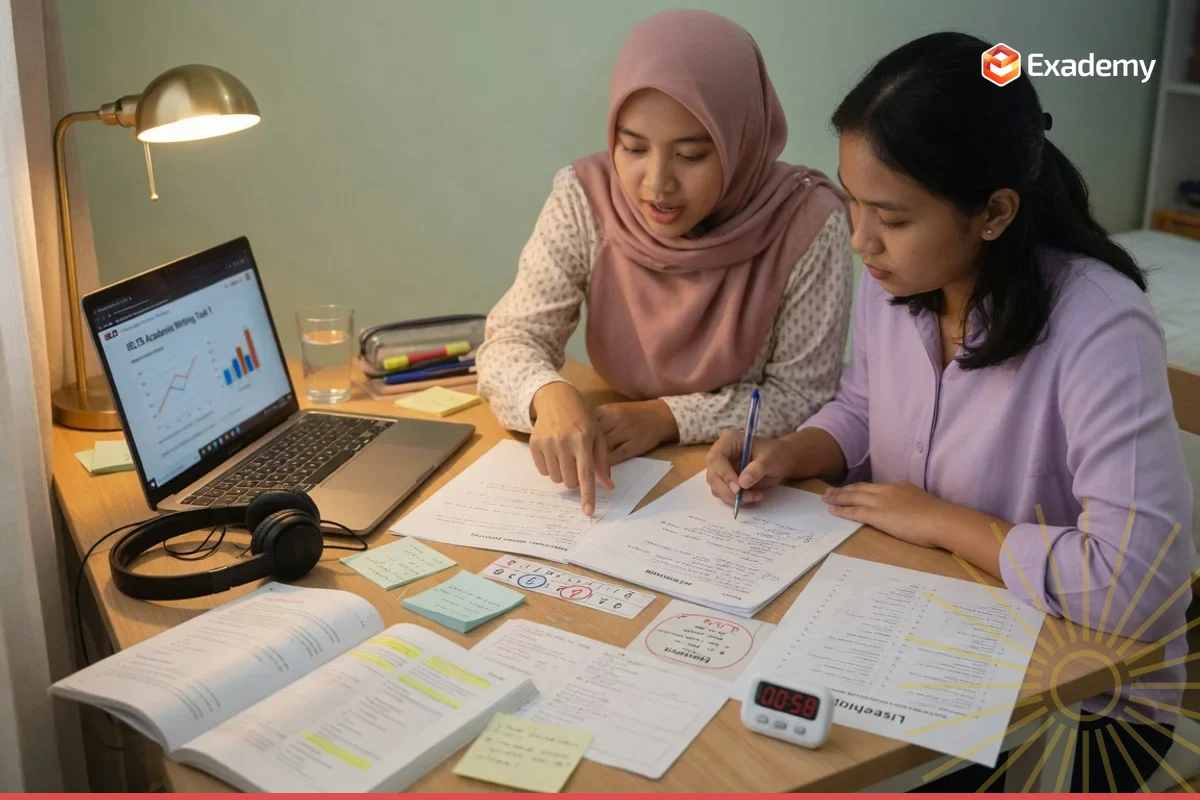 Tutor membimbing mahasiswa berlatih menulis esai IELTS Writing Task 1 dengan headphone Listening, kartu Speaking, dan referensi band score 0 sampai 9 di meja belajar persiapan ujian IELTS Exademy.