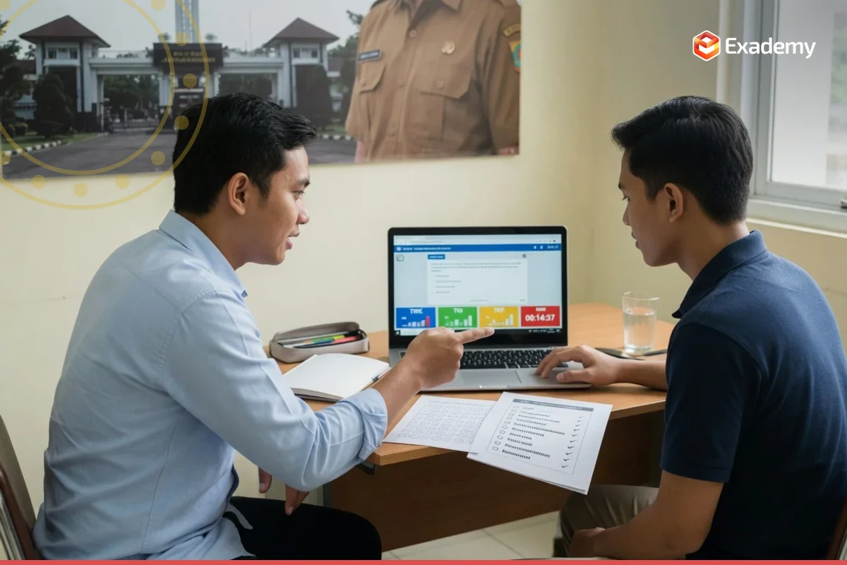 Tutor membimbing satu calon praja muda lulusan SMA menghadapi simulasi tes SKD CAT (TWK TIU TKP) untuk seleksi penerimaan calon praja IPDN Jatinangor di kelas persiapan ujian Exademy