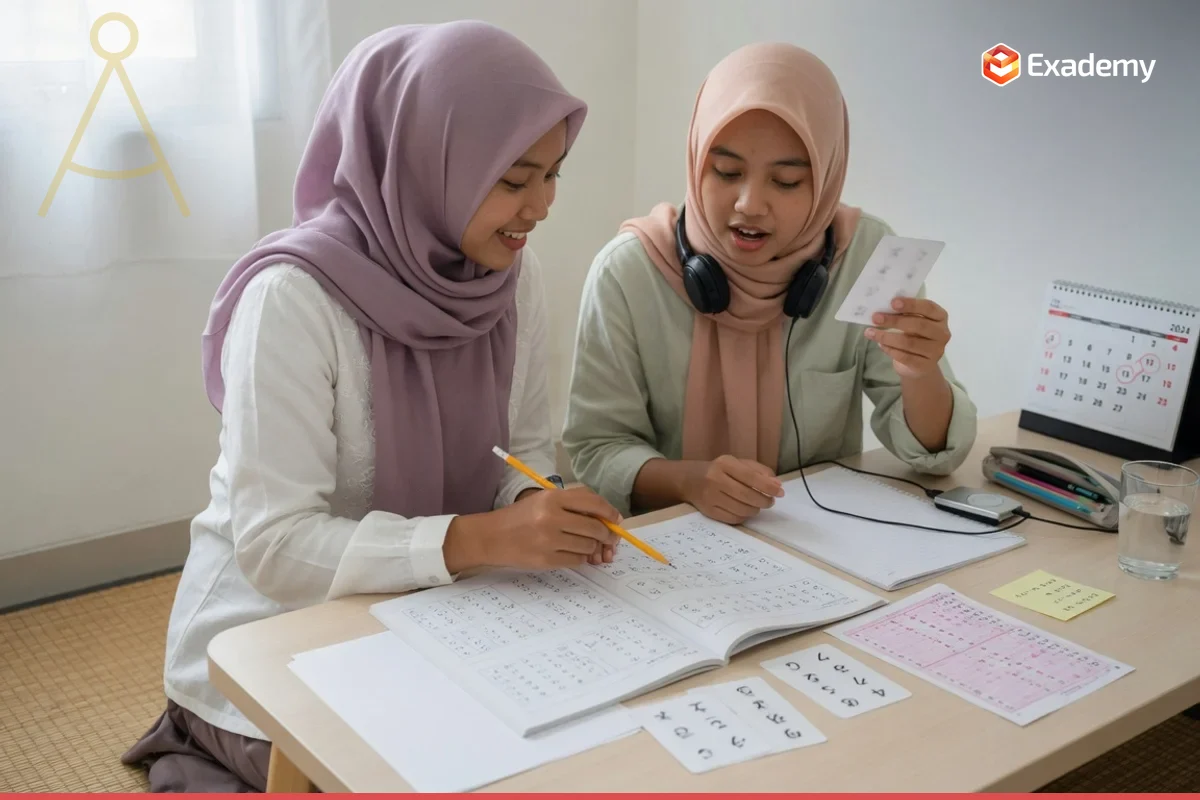 Tutor membimbing satu mahasiswa belajar membaca hiragana, katakana, dan kanji dengan flashcard serta latihan listening untuk persiapan ujian JLPT bahasa Jepang di Exademy.