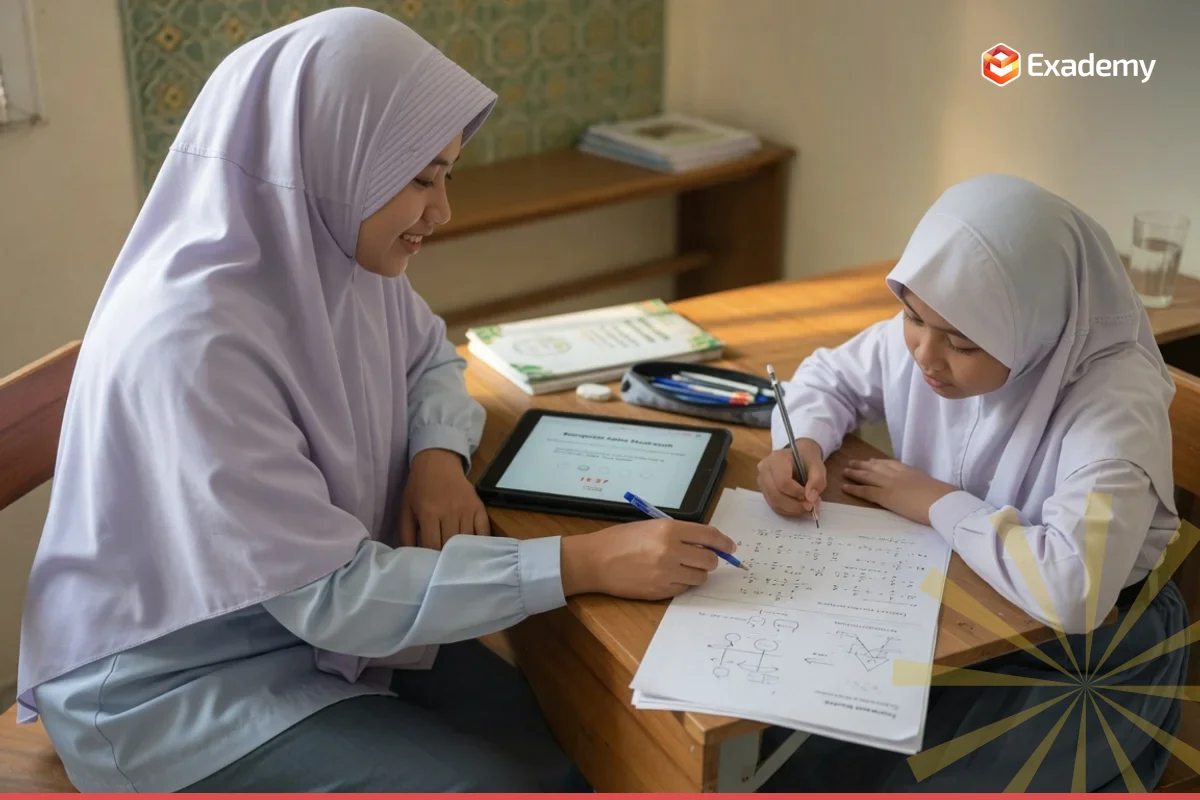 Tutor Exademy membimbing satu siswa MA usia 17 tahun mengerjakan soal Matematika Terintegrasi dan latihan CBT untuk persiapan KSM Kompetisi Sains Madrasah Kemenag