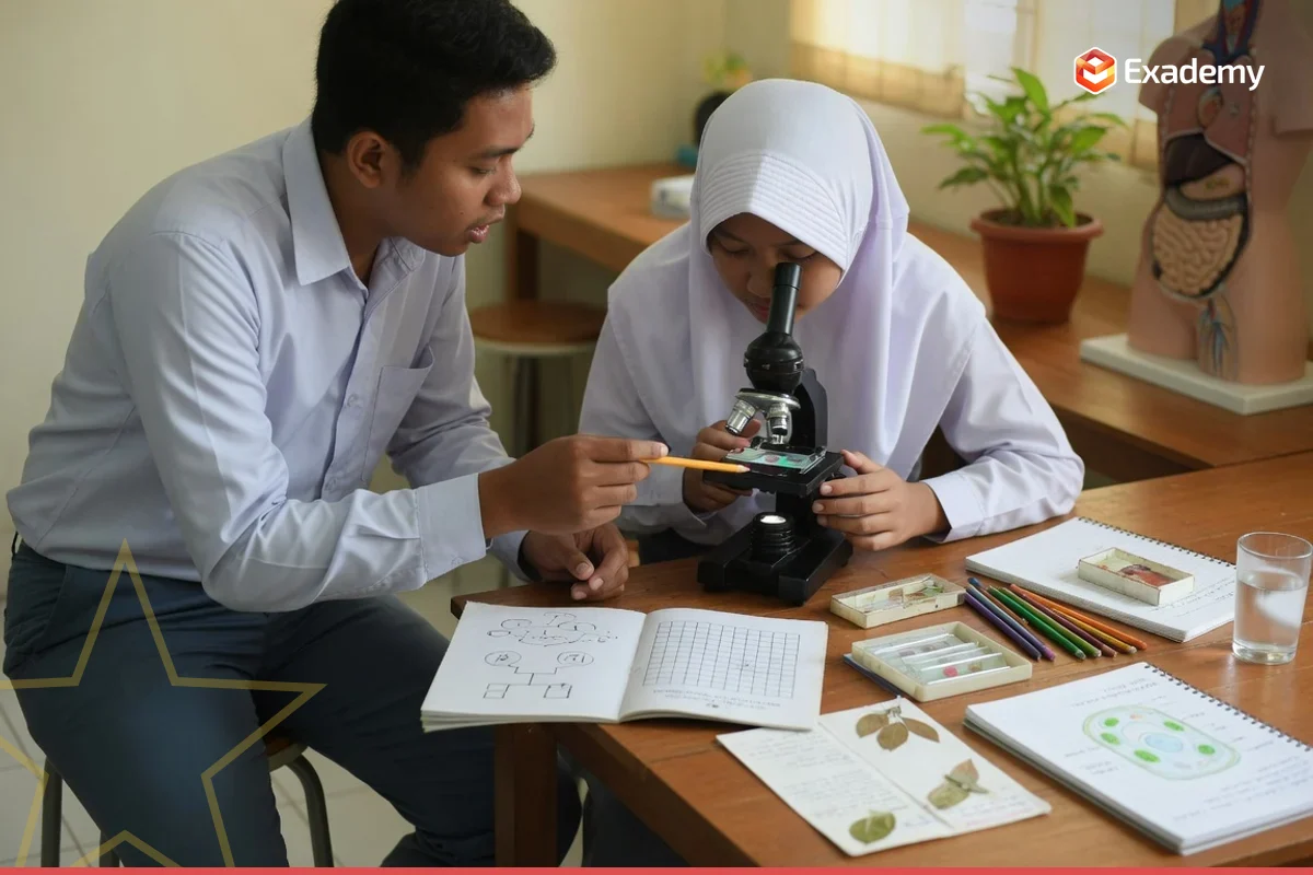 Tutor membimbing siswa SMA memakai mikroskop dan menganalisis pedigree genetika saat persiapan OSN Biologi di Exademy