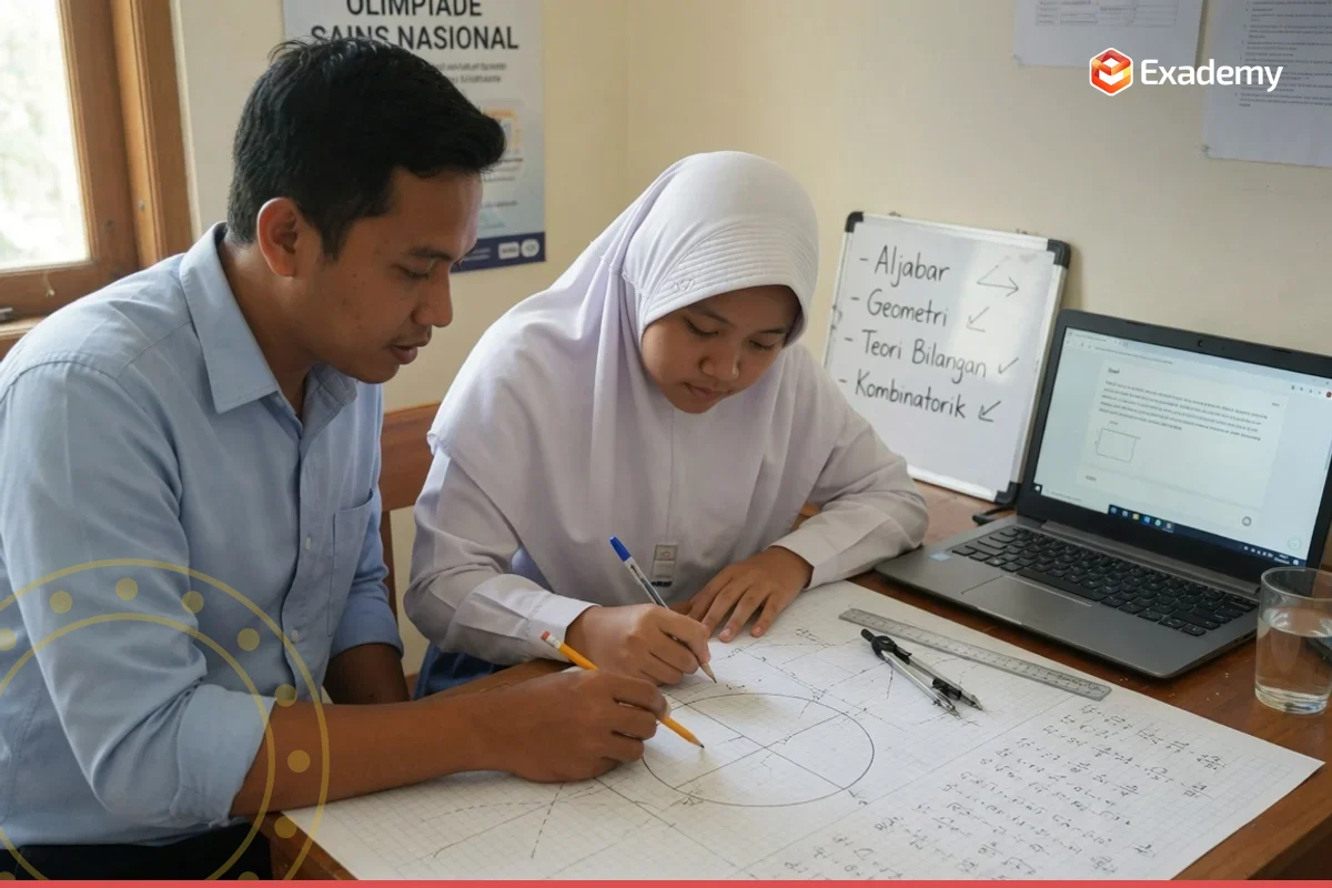 Tutor olimpiade matematika membimbing satu siswa SMA mengerjakan pembuktian soal geometri dan teori bilangan untuk persiapan OSN Matematika di Exademy