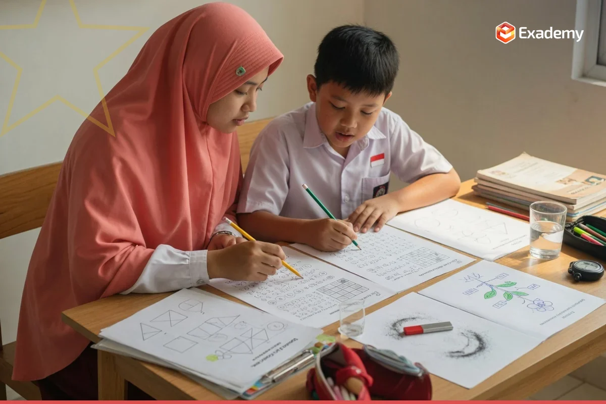 Tutor membimbing satu anak SD mengerjakan soal logika dan pola bilangan untuk persiapan OSN SD Matematika dan IPA di Exademy