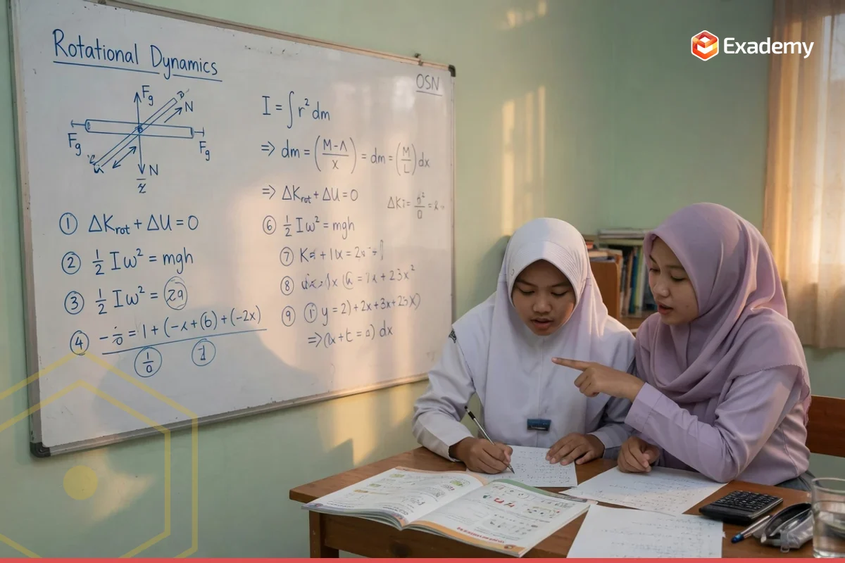 Tutor mendampingi siswa SMA mengerjakan soal derivasi fisika tingkat olimpiade di papan tulis, persiapan OSN SMA olimpiade sains bersama Exademy.