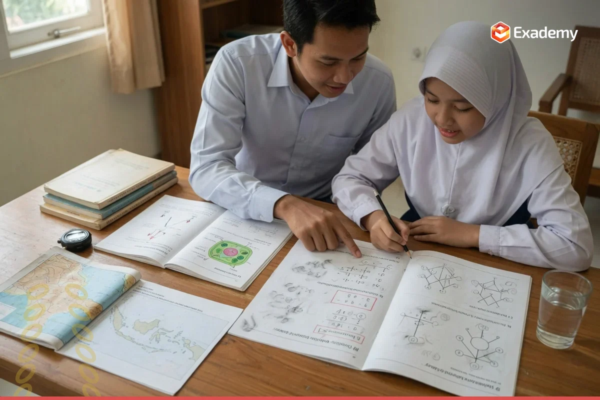 Foto tutor membimbing satu siswa SMP mengerjakan soal olimpiade matematika, IPA, dan IPS pada persiapan OSN SMP di Exademy