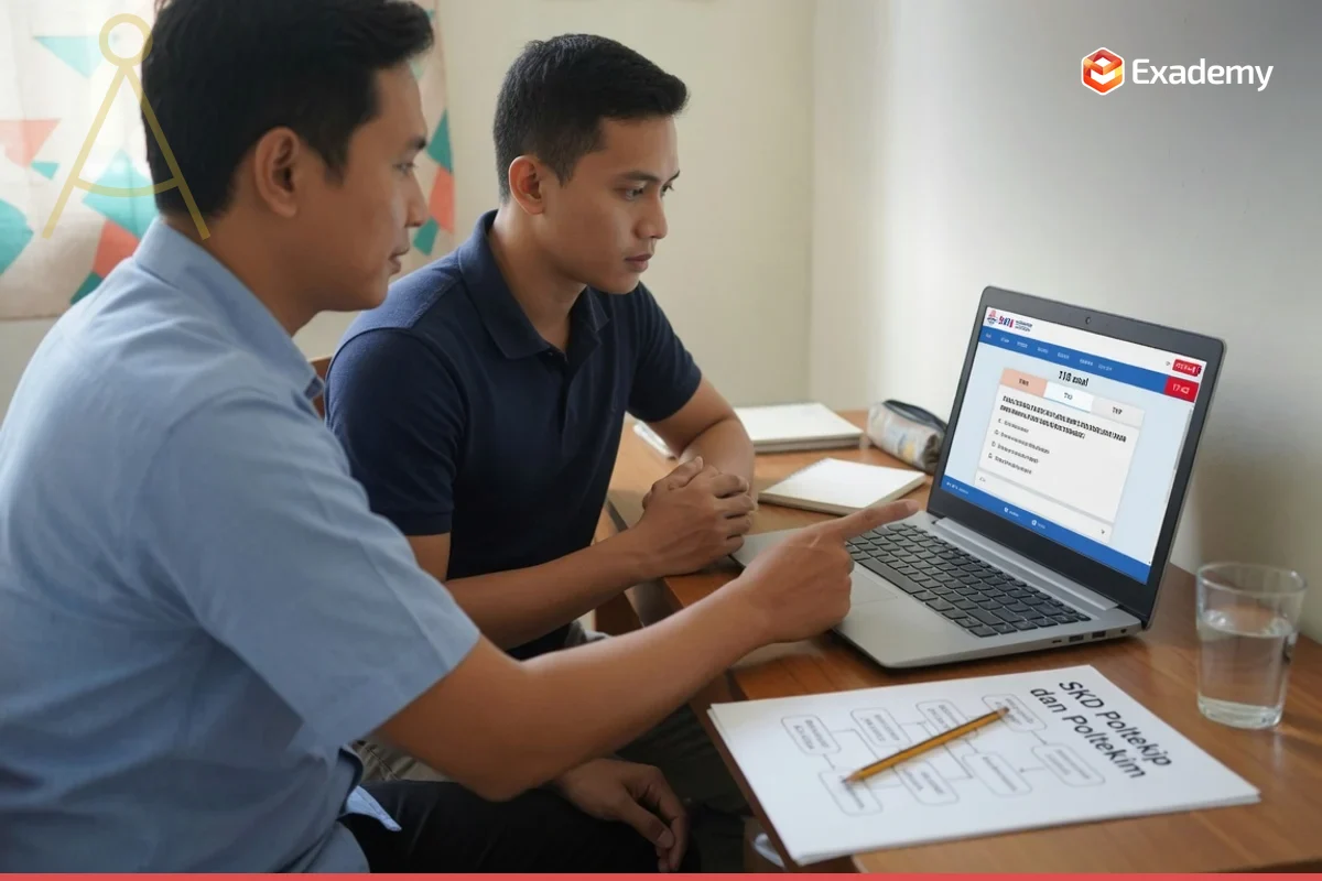 Tutor Exademy membimbing calon taruna tamatan SMA menjalani simulasi SKD CAT BKN untuk persiapan ujian masuk Poltekip dan Poltekim (kedinasan Kemenkumham) di Exademy