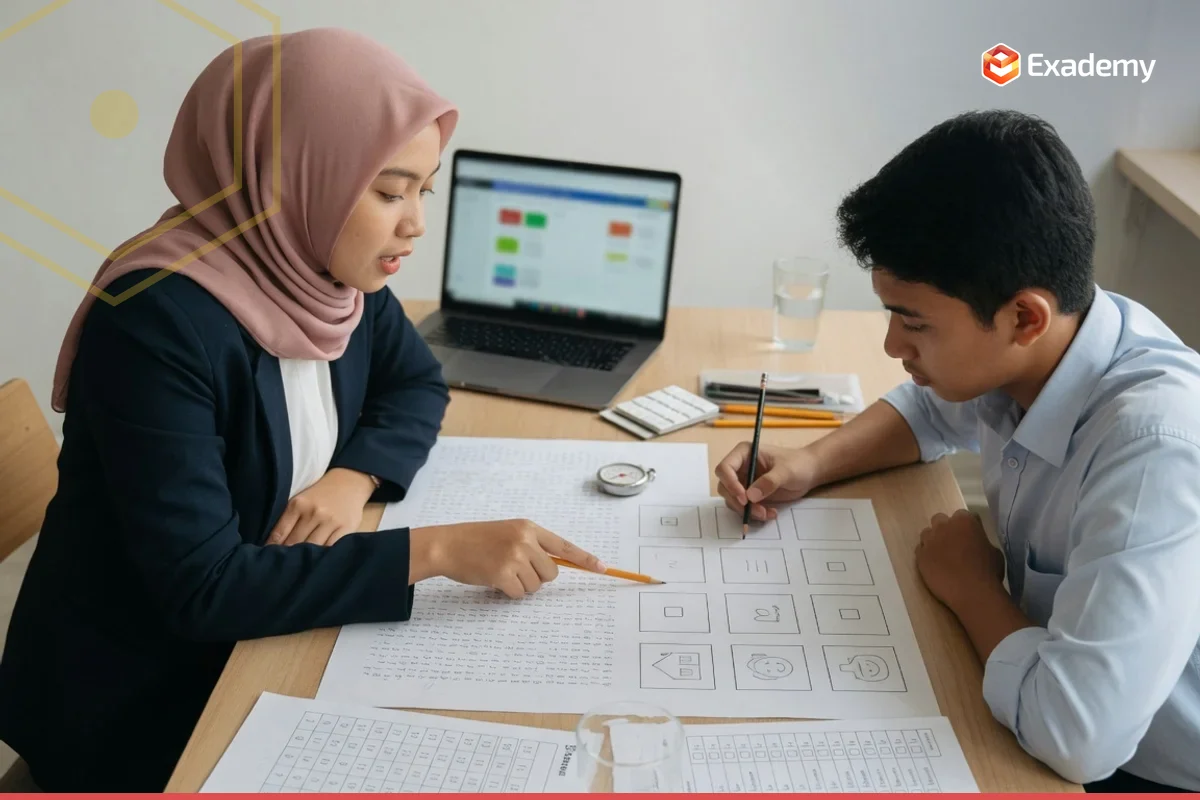Foto tutor membimbing satu fresh graduate mengerjakan lembar tes Kraepelin, Pauli, deret angka, Wartegg, dan kuesioner DISC pada persiapan Psikotes Kerja di Exademy.