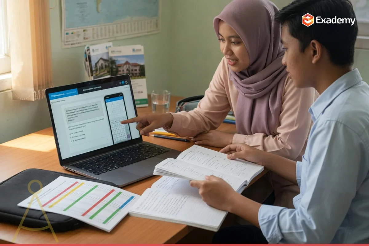 Foto tutor muda mendampingi satu mahasiswa berlatih soal di aplikasi tes digital pada laptop untuk persiapan ujian Digital SAT (Math dan Reading and Writing) di Exademy.