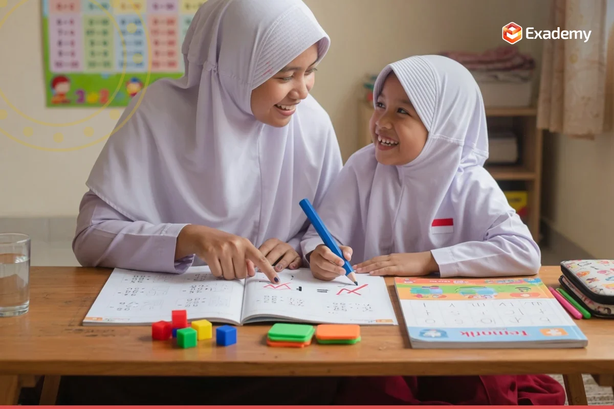 Foto tutor mendampingi satu anak SD belajar berhitung dan membaca dengan buku tematik dan balok hitung di Bimbel SD Exademy
