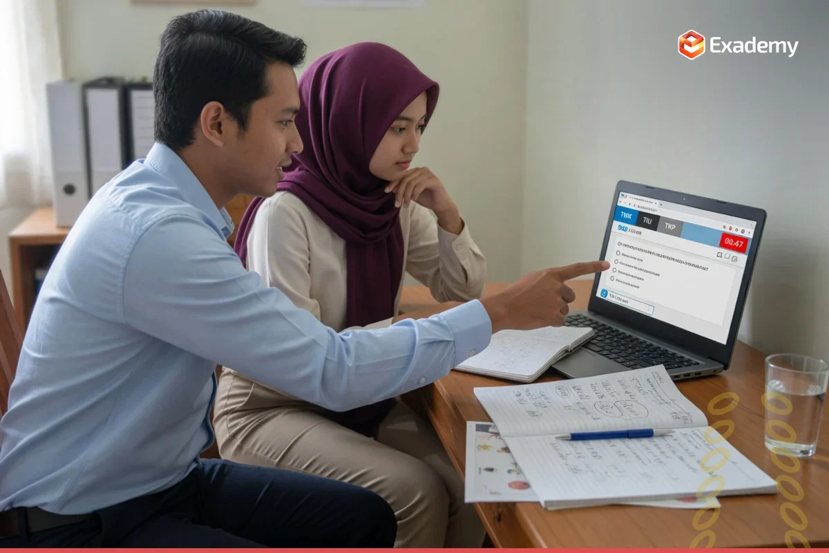 Tutor Exademy mendampingi satu calon peserta muda berlatih simulasi SKD CAT BKN (TWK, TIU, TKP) di laptop untuk persiapan ujian masuk sekolah kedinasan PKN STAN, IPDN, dan STIS bersama Exademy