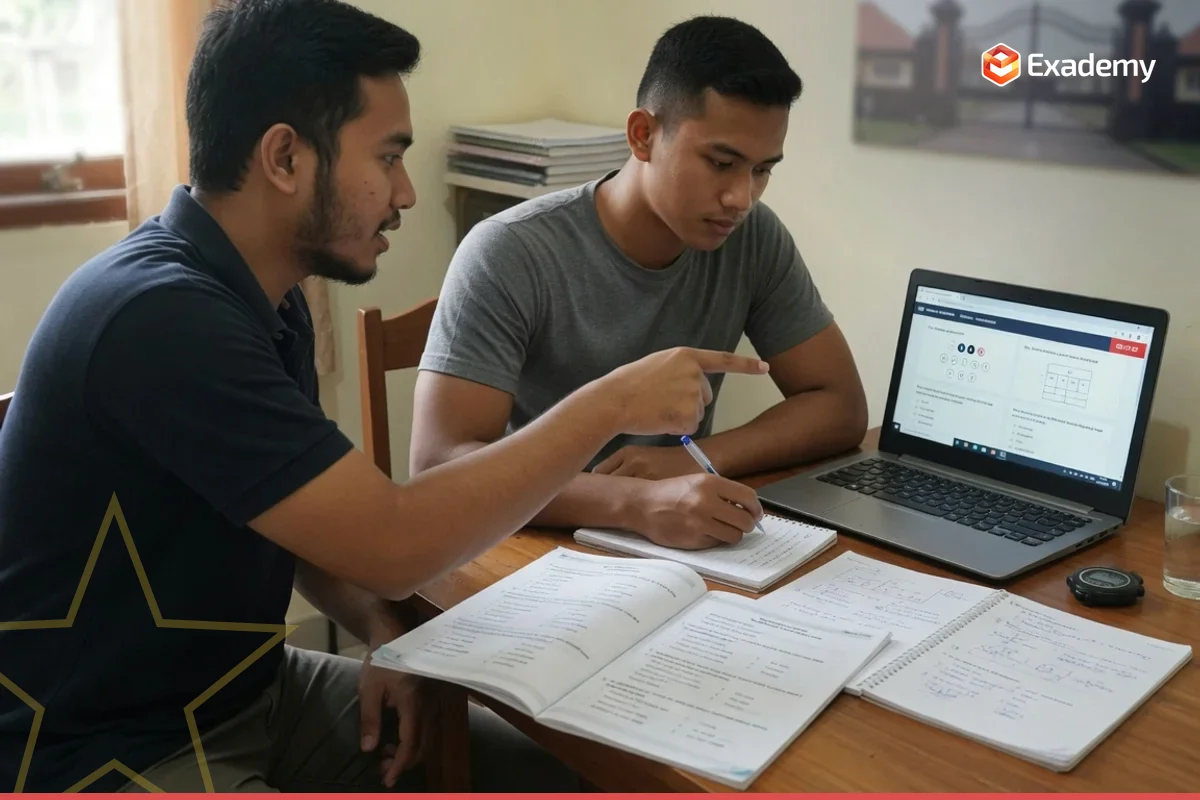 Tutor Exademy mendampingi satu calon perwira muda berlatih soal CAT Tes Potensi Akademik dan Wawasan Kebangsaan untuk persiapan ujian Sekolah Perwira dan Secapa TNI Polri