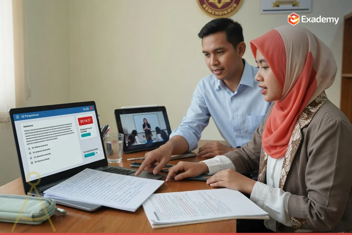 Tutor mendampingi guru muda berlatih soal Situational Judgement Test dan menyiapkan Modul Ajar serta video praktik untuk persiapan ujian PPG dan UKPPPG di Exademy