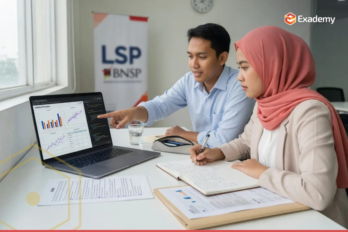 Tutor mendampingi seorang profesional muda berlatih demonstrasi analisis data dan visualisasi dashboard untuk persiapan uji kompetensi Sertifikasi BNSP bidang data dan digital di Exademy