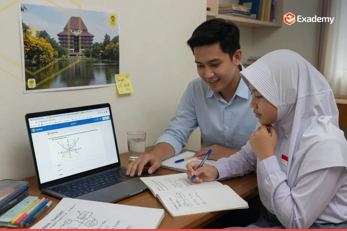 Tutor membimbing siswa SMA latihan soal SIMAK UI ujian mandiri Universitas Indonesia, layar simulasi matematika dasar dan reading comprehension HOTS, persiapan masuk UI bersama Exademy
