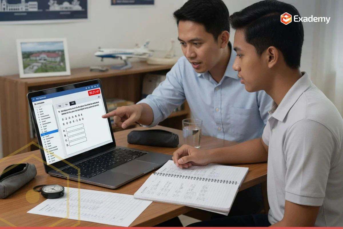 Foto tutor bersama seorang calon taruna tamatan SMA yang mengerjakan soal SKD CAT BKN (TWK, TIU, TKP) di layar simulasi untuk persiapan ujian SIPENCATAR Kemenhub sekolah kedinasan perhubungan bersama Exademy