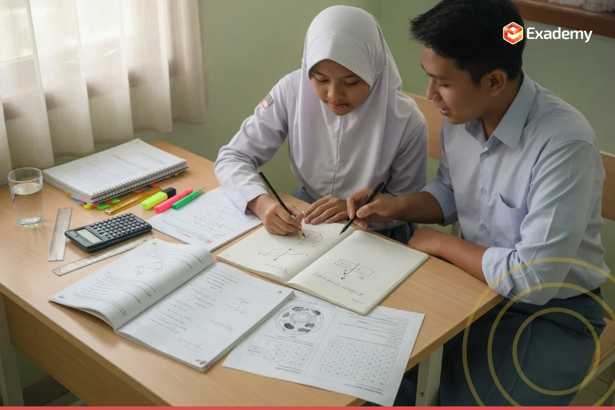Foto tutor membimbing satu siswa SMA mengerjakan soal fisika, matematika, dan kimia di meja belajar - program Bimbel SMA Exademy