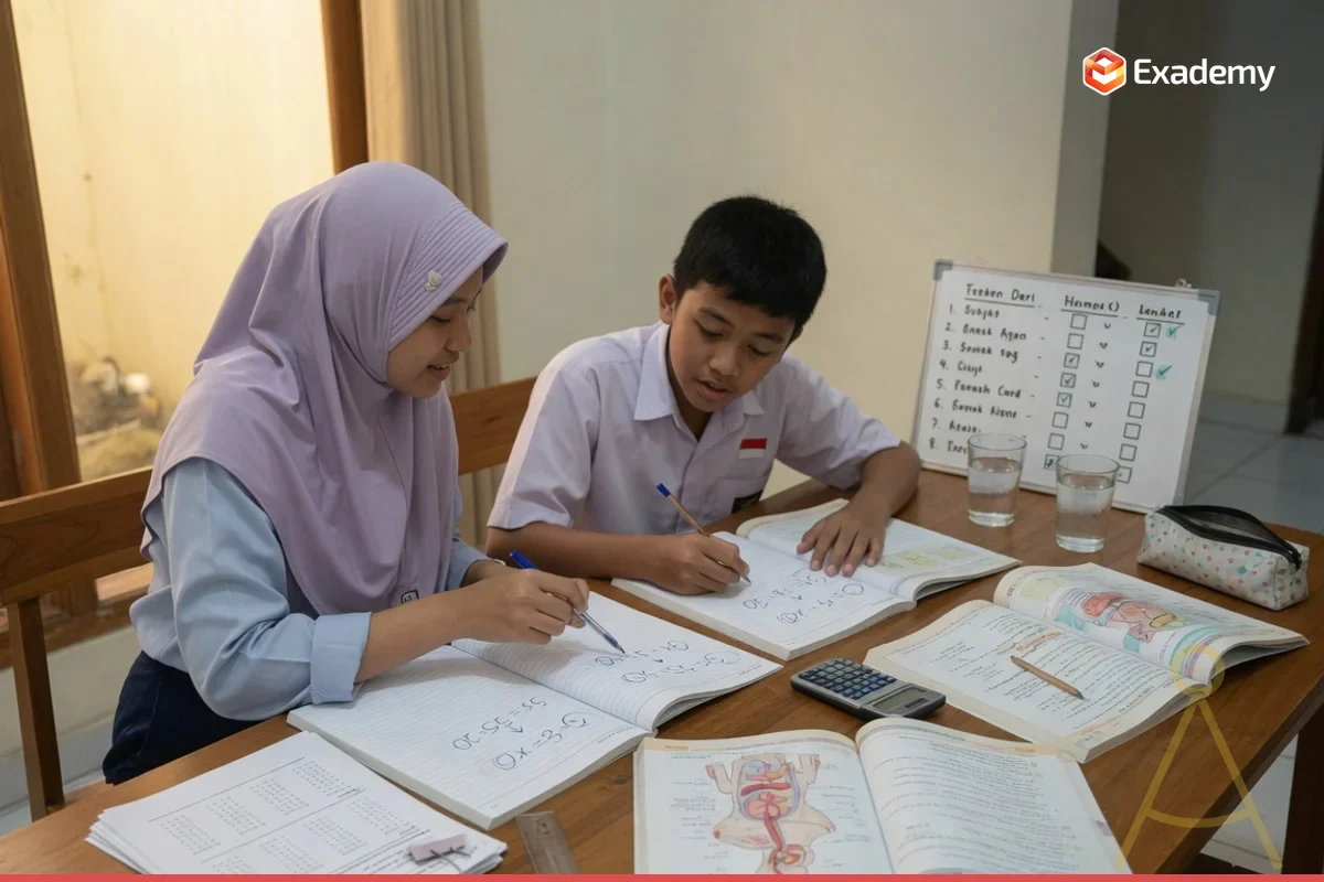 Tutor privat mendampingi satu siswa SMP kelas 8 mengerjakan soal persamaan linear matematika dengan buku pelajaran dan latihan soal di meja belajar rumah, program Bimbel SMP Exademy