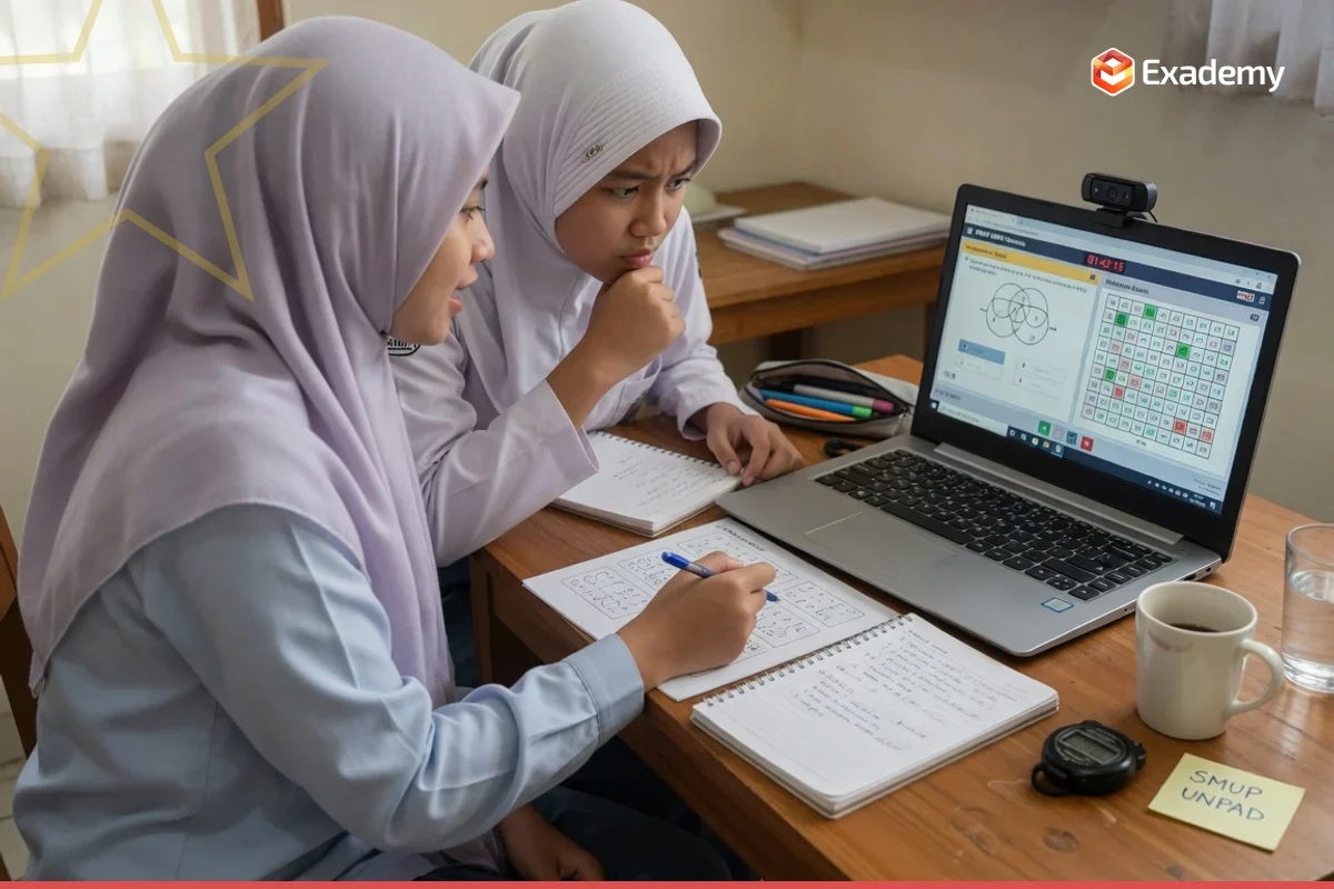 Tutor menemani seorang siswa SMA menjalani simulasi tes CAT sebagai persiapan ujian SMUP UNPAD di Exademy