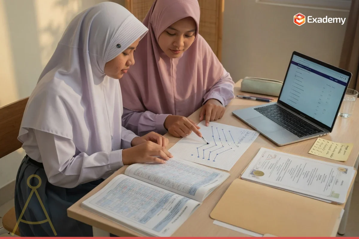 Tutor Exademy membimbing siswa SMA menelaah nilai rapor dan menyusun portofolio prestasi untuk persiapan seleksi SNBP.