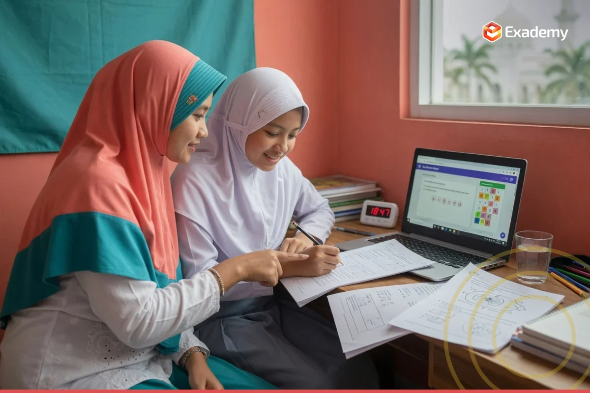 Tutor membimbing siswa lulusan SMP berlatih soal CBT Tes Potensi Belajar dan akademik untuk persiapan ujian SNPDB MAN Insan Cendekia di Exademy