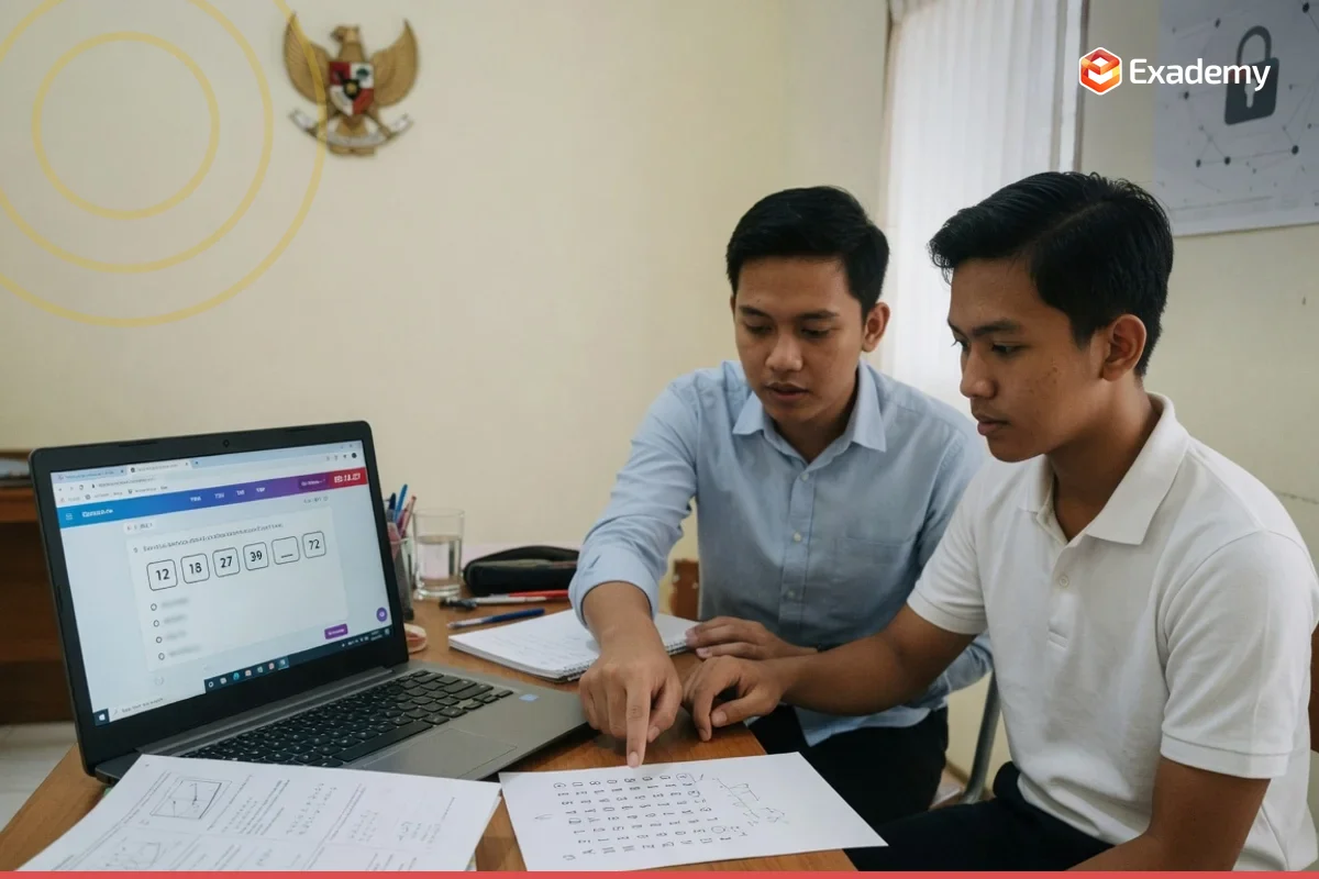 Foto bimbingan persiapan ujian STIN dan Poltek SSN di Exademy: tutor duduk bersama calon taruna jebolan SMA menggarap soal SKD CAT (TWK TIU TKP) dan tes kompetensi bidang matematika untuk sekolah kedinasan intelijen BIN dan siber sandi negara BSSN.