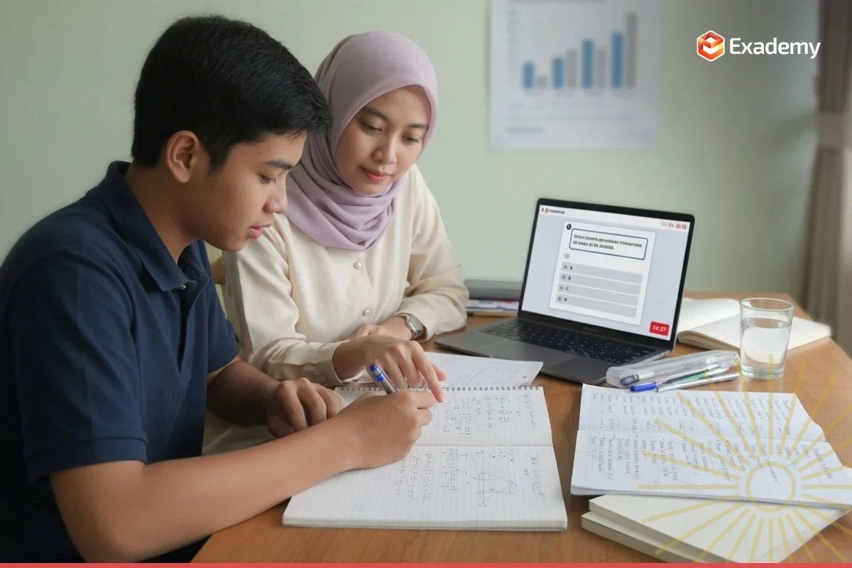 Tutor membimbing satu pelajar lulusan SMA mengerjakan soal matematika lanjutan dan latihan SKD CAT untuk persiapan ujian masuk STIS Politeknik Statistika di Exademy