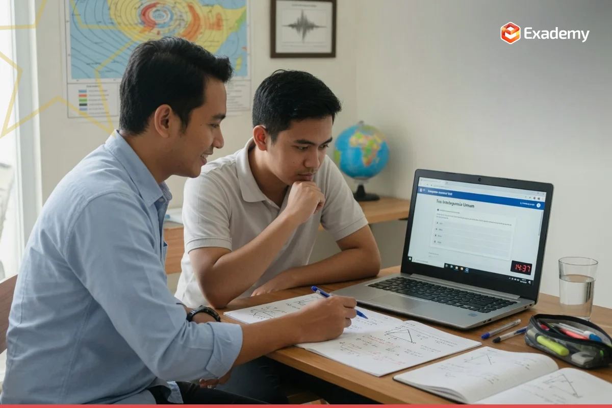 Bimbingan persiapan ujian masuk STMKG kedinasan BMKG bersama Exademy: satu tutor mendampingi satu lulusan SMA berlatih soal SKD CAT (TWK TIU TKP) dan SKB matematika fisika di laptop dengan lembar latihan.