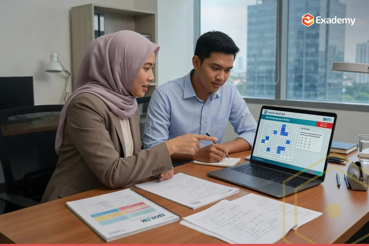 Tutor Exademy membimbing seorang fresh graduate persiapan tes Rekrutmen Bersama BUMN (RBB) dengan simulasi CAT TKD, AKHLAK, dan Tes Wawasan Kebangsaan di layar laptop